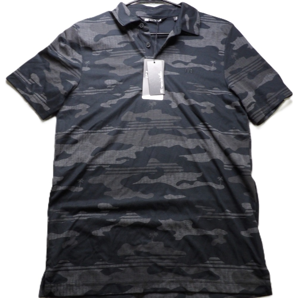 NWT TravisMathew Nip In The Air Polo Shirt Men Small Black Camo Pima Cotton Golf